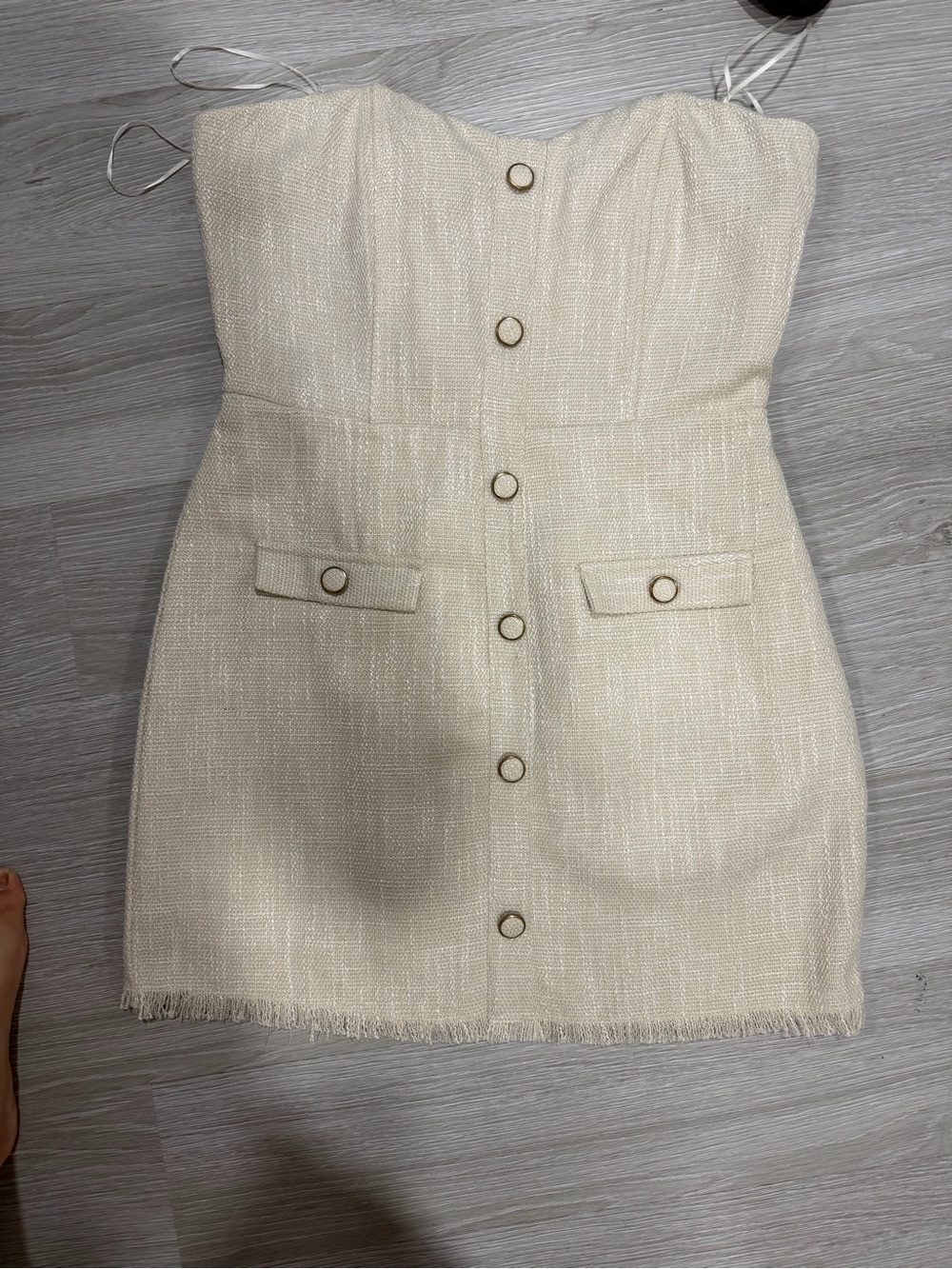 Strapless Ivory Tweed Button-Front Mini Dress